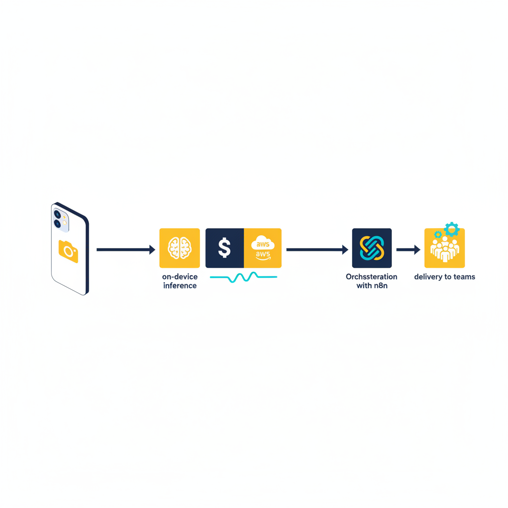 Diagrama de fluxo: captura no iPhone 17, inferência on-device, sincronização com backend