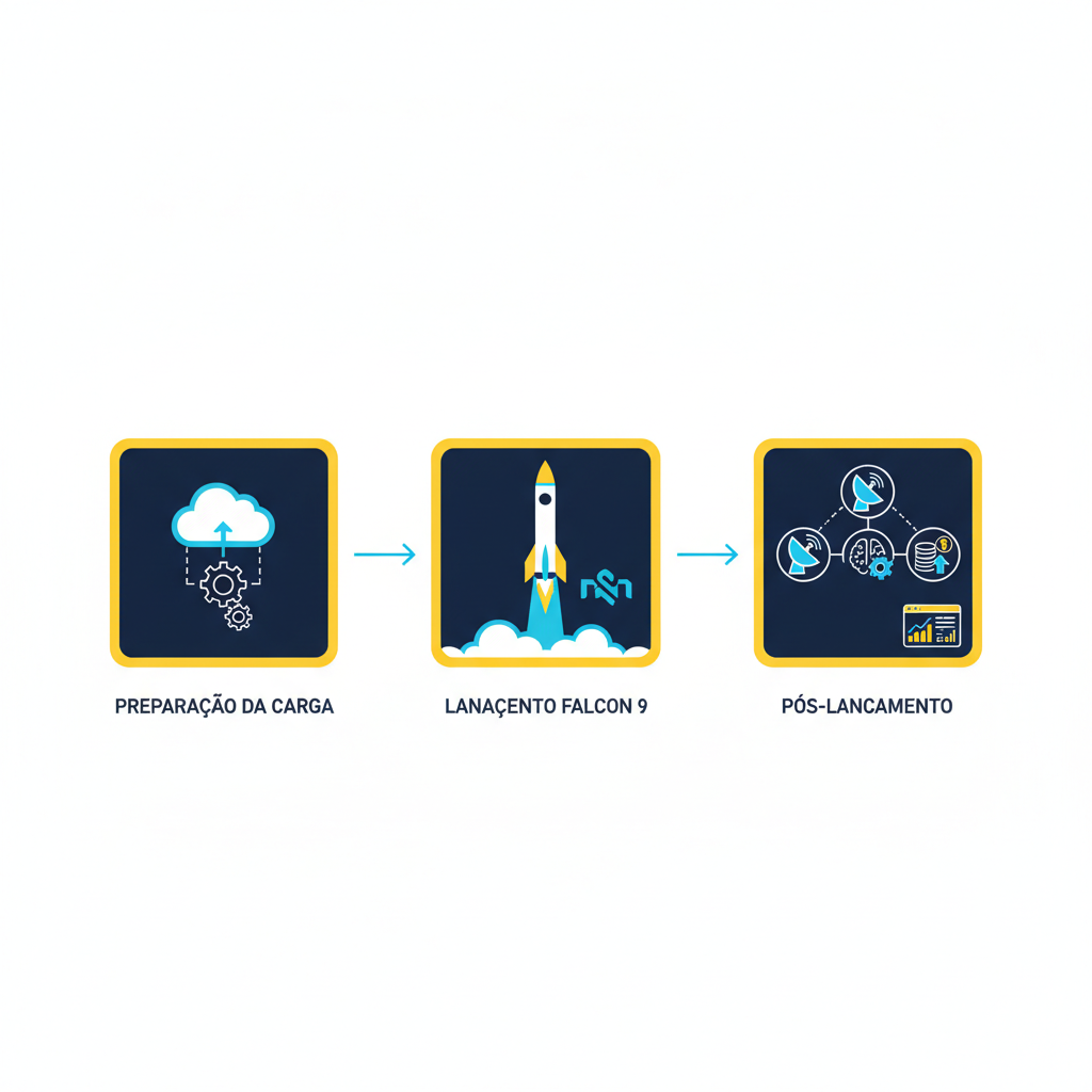 Diagrama operacional Falcon 9: preparação, lançamento e pós-lançamento integrados com software