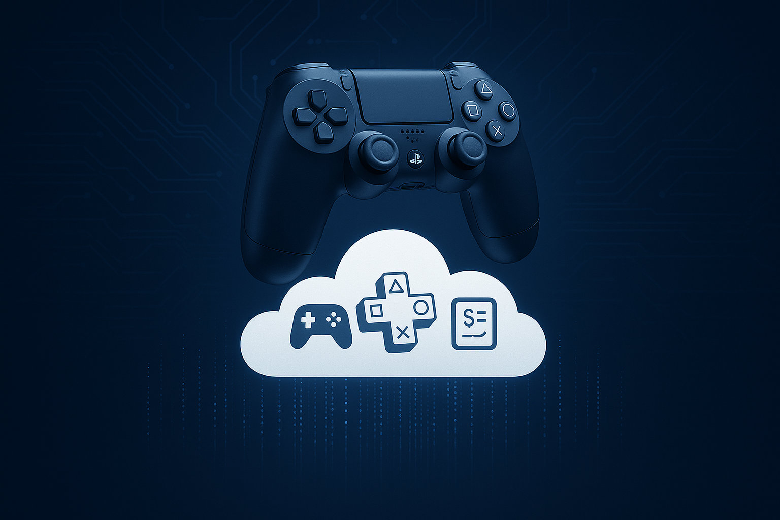 PlayStation controller flutuando sobre nuvem digital com ícones de jogos e símbolos de assinatura, representando o futuro dos serviços digitais por assinatura