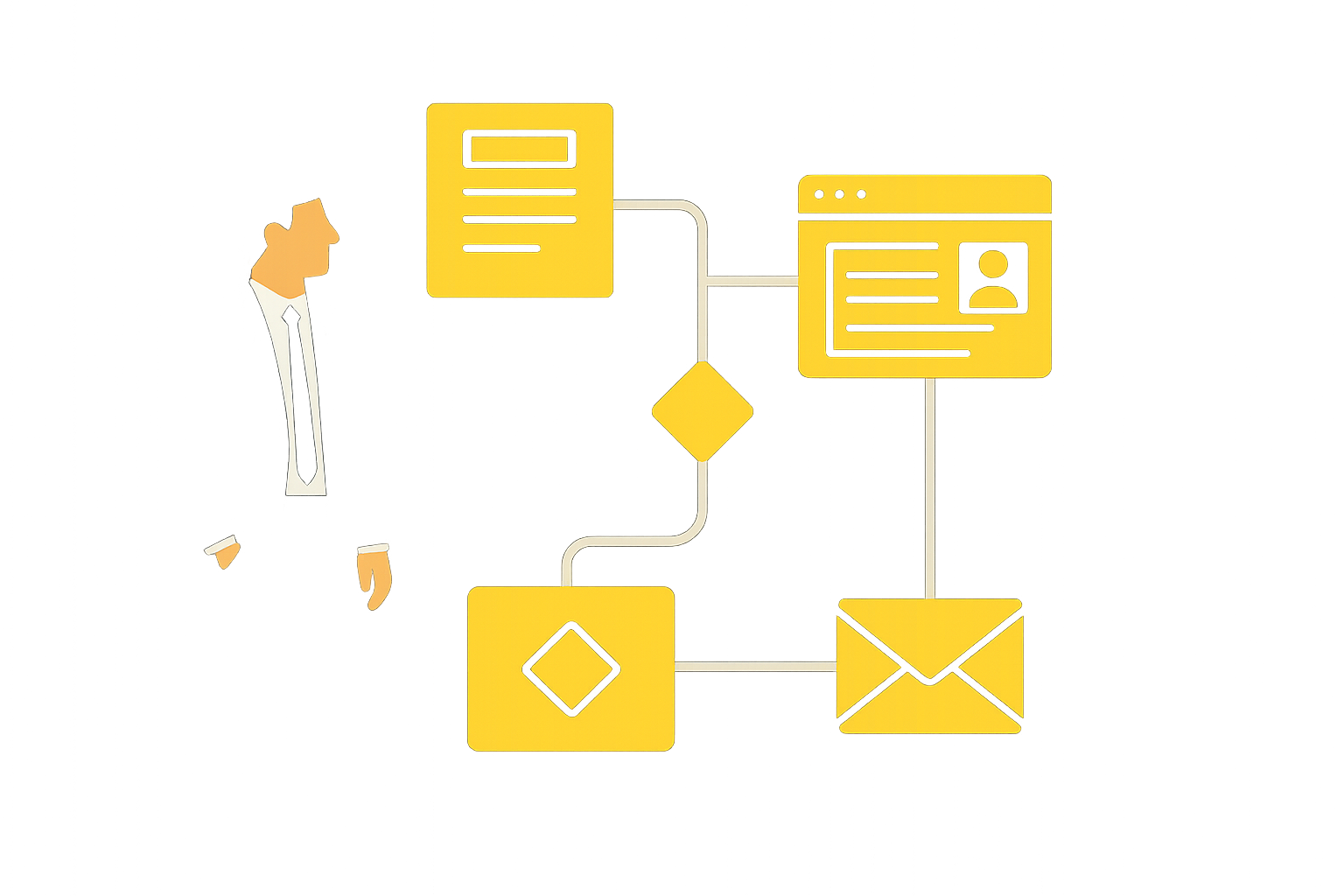 Ilustração de profissionais configurando fluxos automatizados em um painel visual conectado a diversos serviços digitais