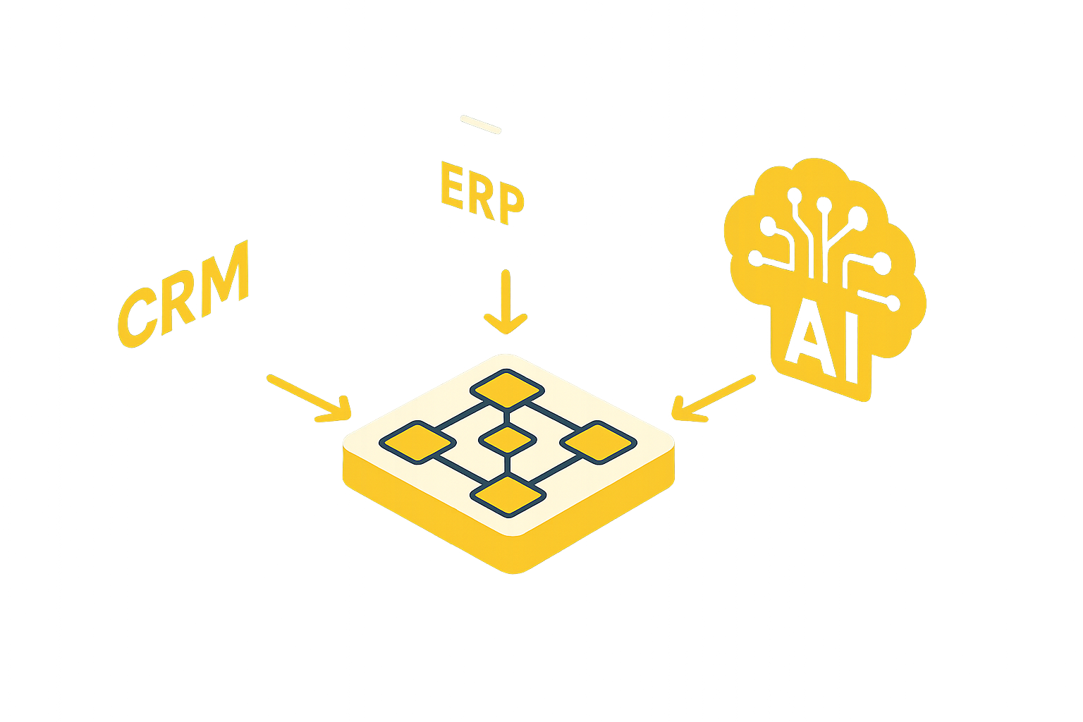 Ilustração de equipe empresarial conectando processos e sistemas em um ambiente digital integrado