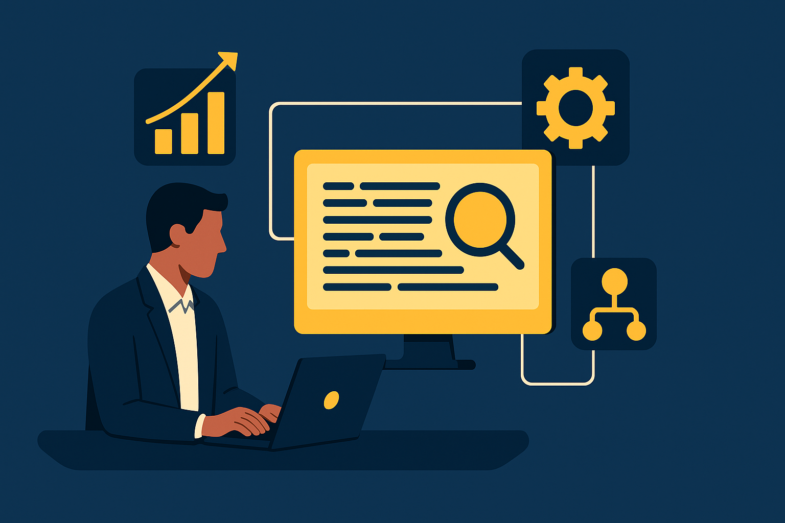 GLM-5.2 analisando um grande repositório de código em um ambiente corporativo moderno, com gráficos e logs em múltiplas telas