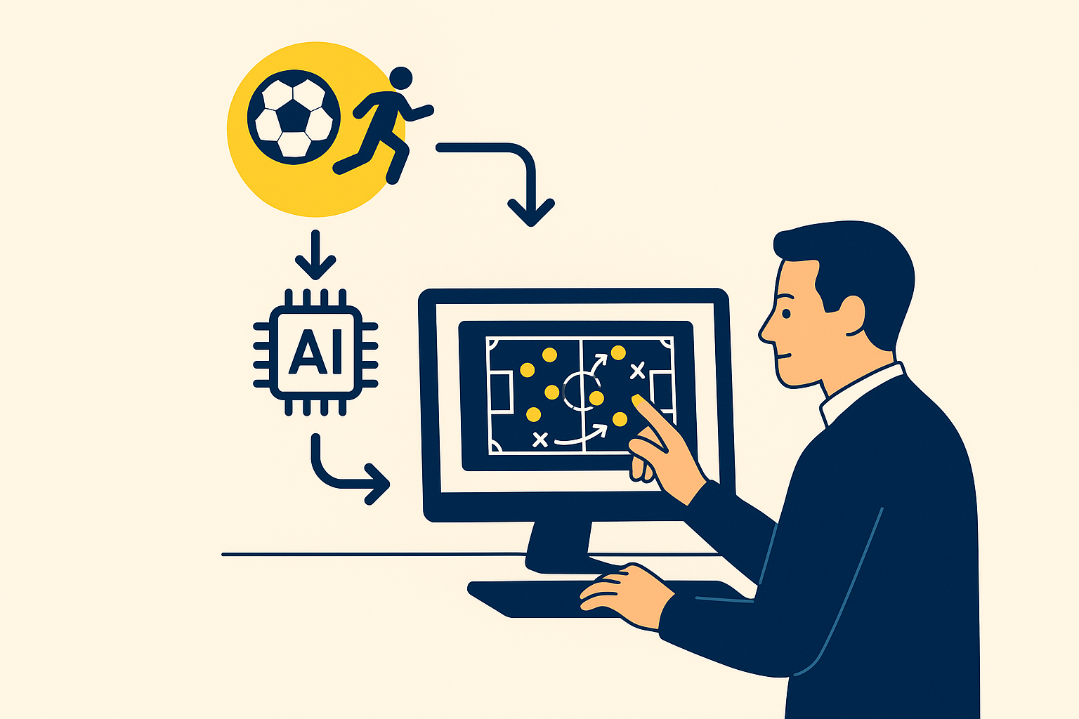Fluxo de IA tática no futebol mostrando coleta de tracking, processamento de dados e recomendações táticas em tempo quase real