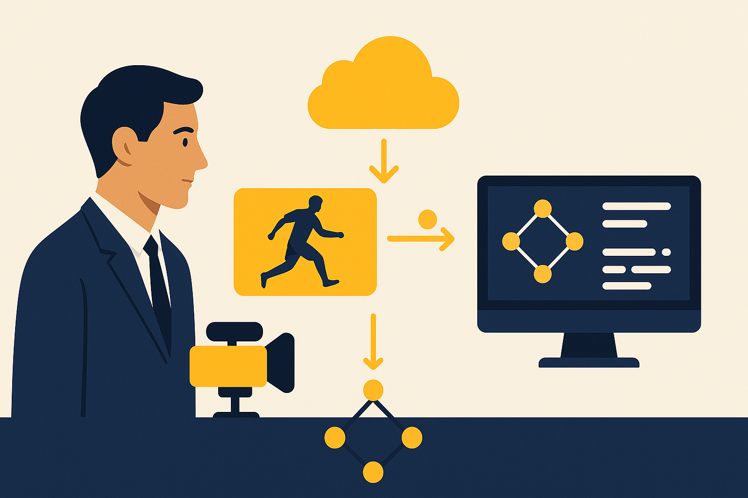 Workflow de IA aplicada à análise de futebol, conectando captura de dados, processamento e entrega de insights táticos