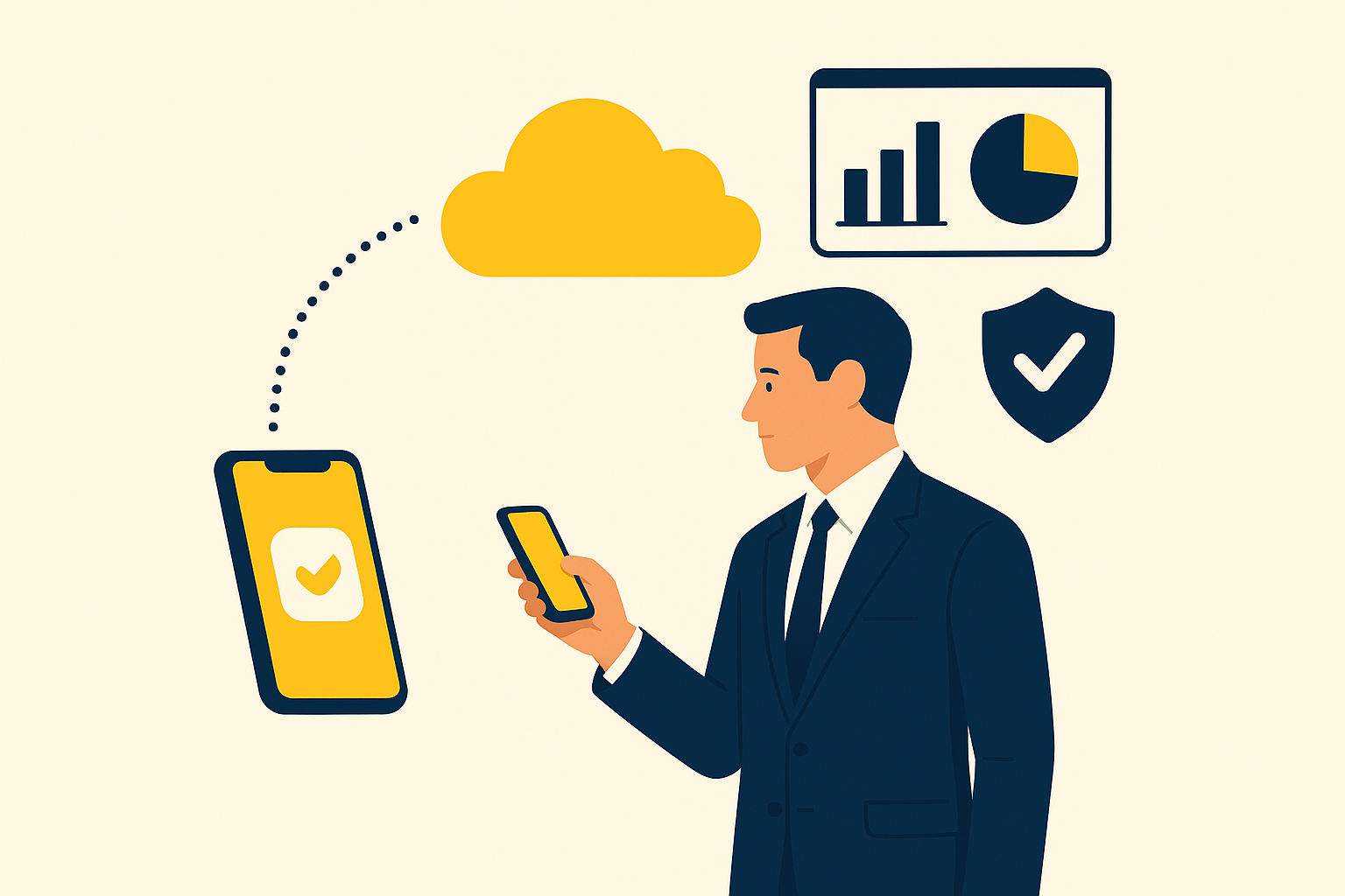 Ilustração conceitual de um fluxo empresarial utilizando recursos inteligentes do iOS 18 em múltiplos dispositivos
