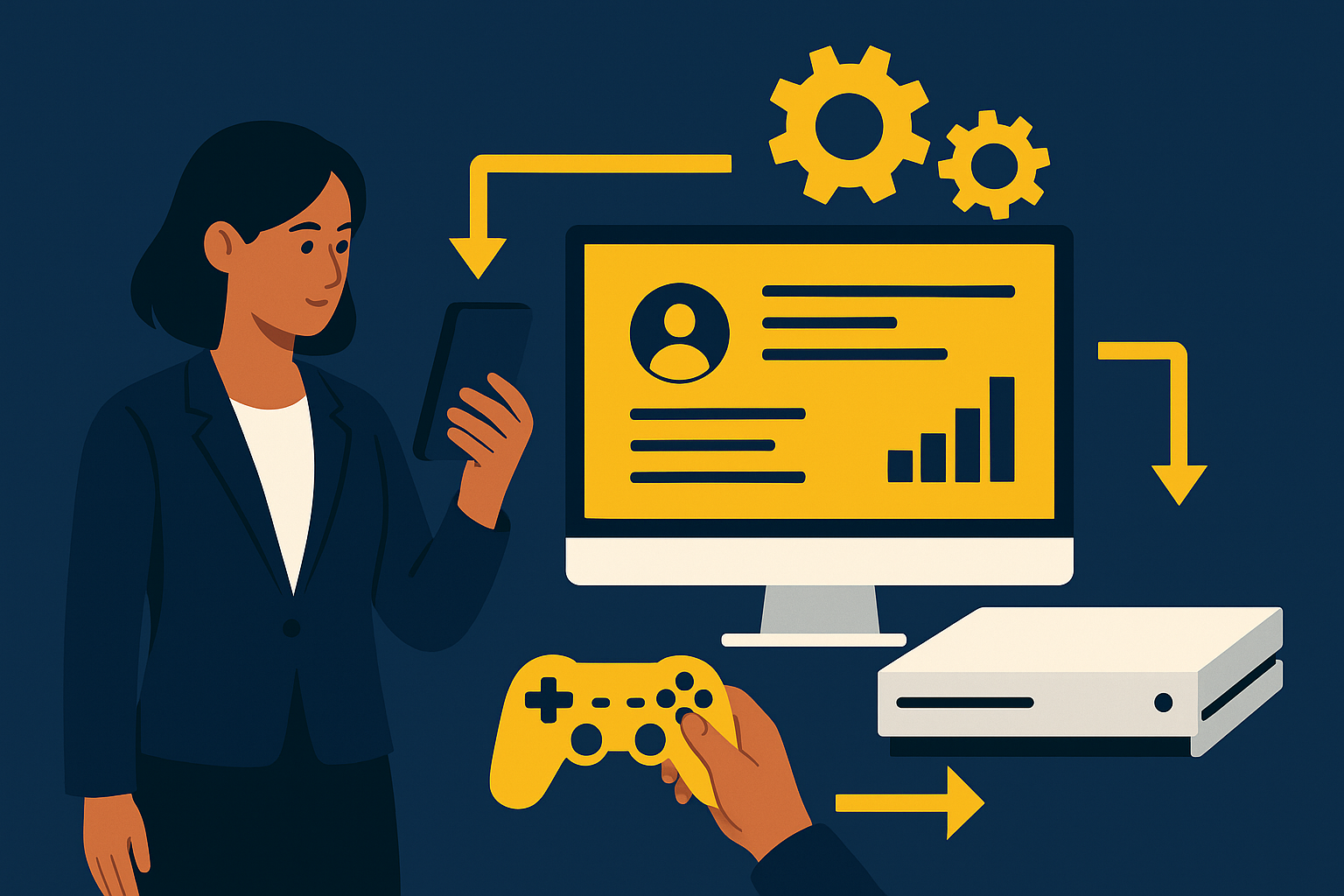 Fluxo de ecossistema competitivo de um jogo cross-platform com múltiplos dispositivos conectados a um backend unificado