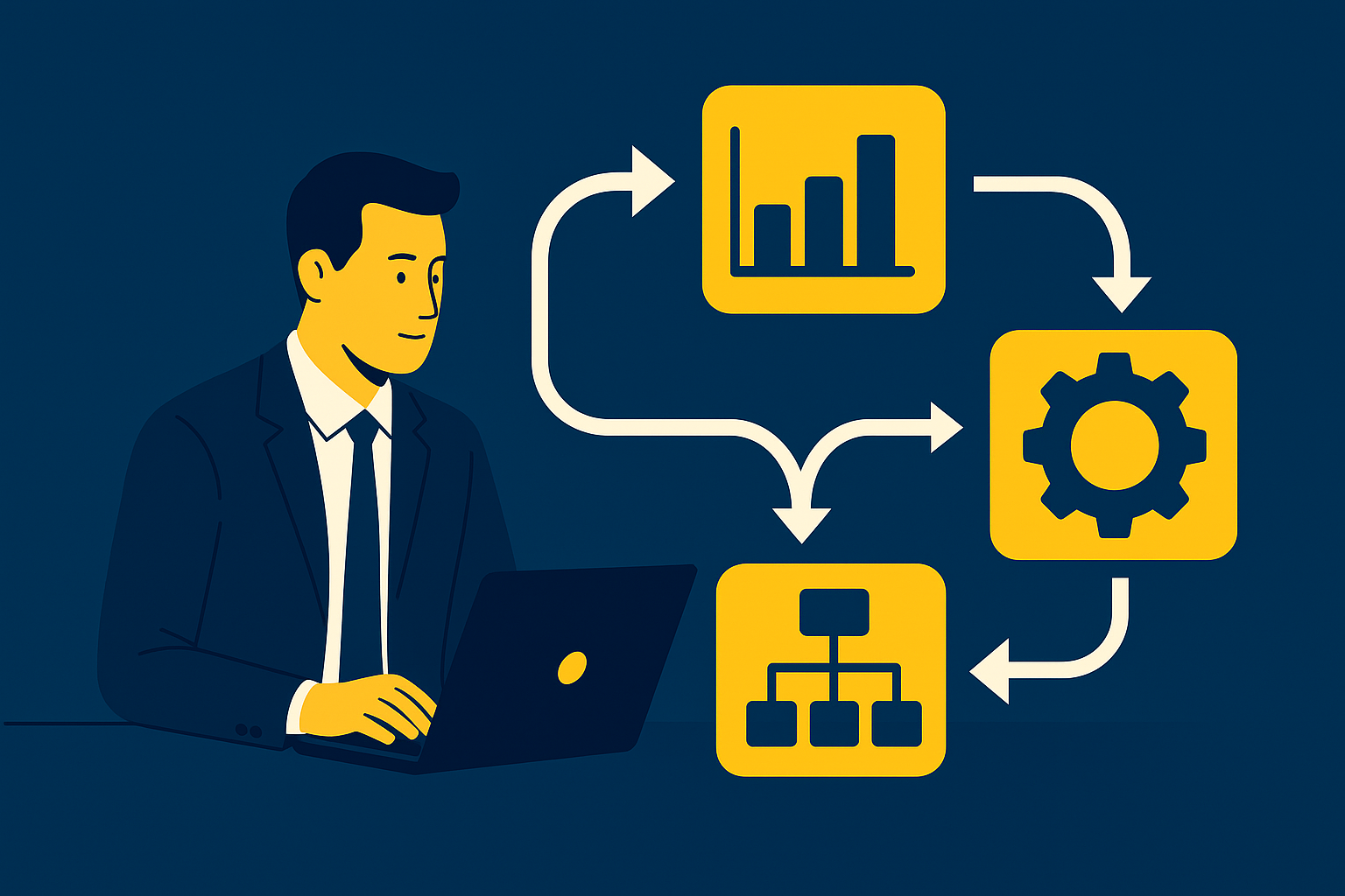 Ilustração do fluxo de trabalho de produção de conteúdo a partir de um TOPIC bem definido, com etapas conectadas e equipe colaborando