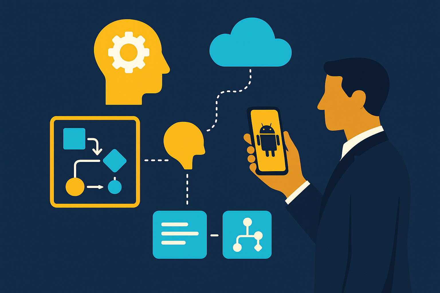 Ilustração conceitual do ecossistema Android em 2026 com dispositivos integrados e camadas de IA e segurança