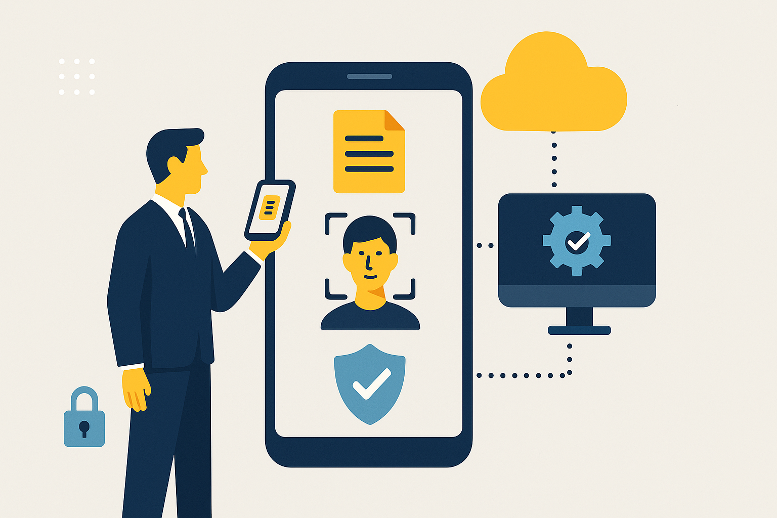 Fluxo de onboarding financeiro sendo realizado em um iPhone 18 Pro, com validação de documentos e biometria assistidos por IA