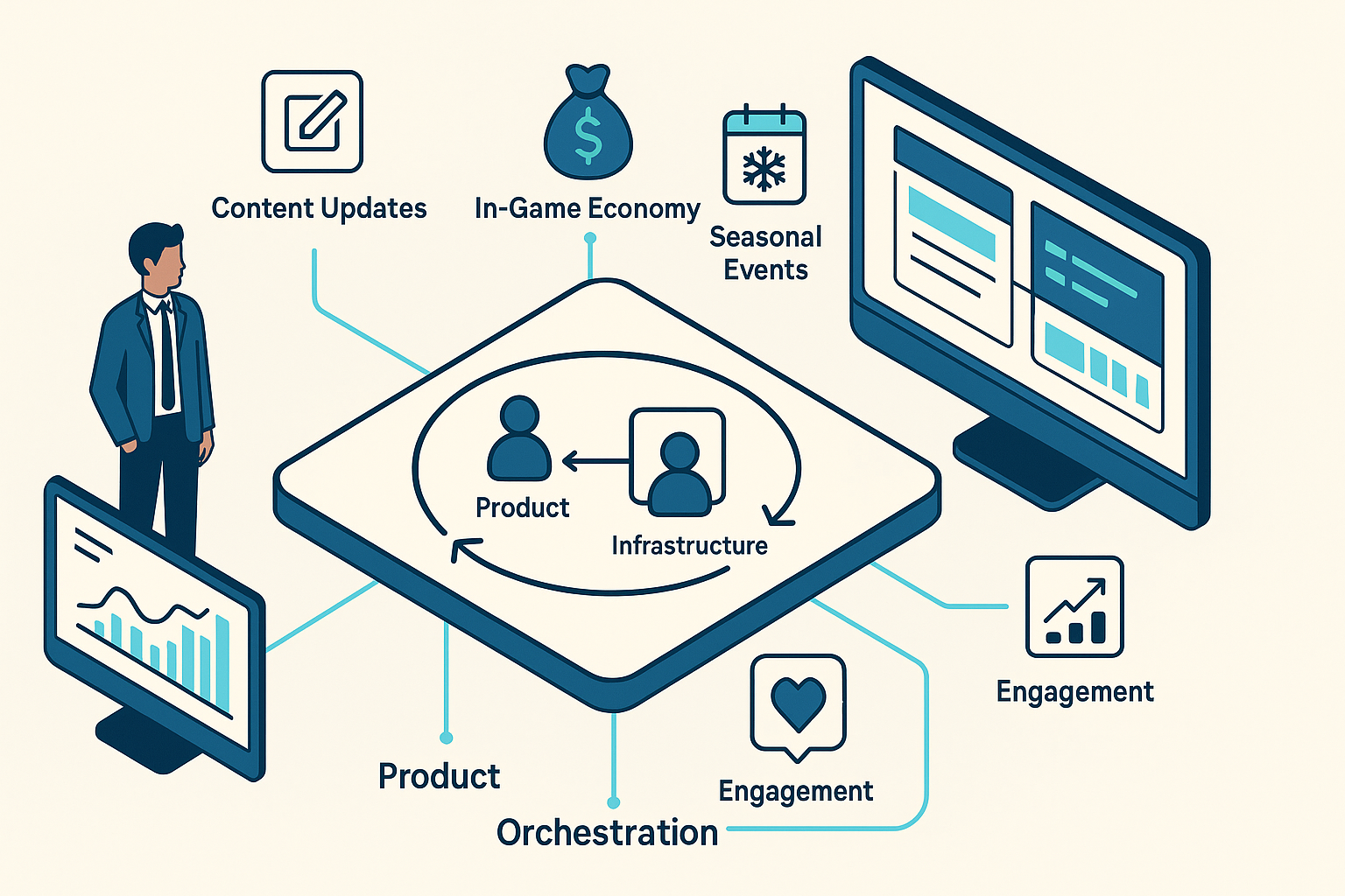 Fluxo operacional e ecossistema do live service de Brawl Stars em 2026, destacando camadas de jogo, economia, comunidade e infraestrutura