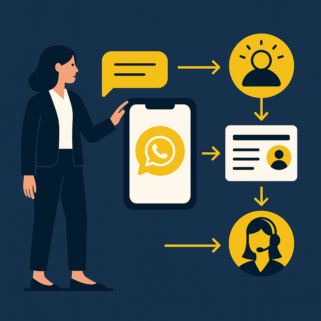 Fluxo de atendimento via WhatsApp Business integrando automação, IA e agentes humanos em um painel centralizado